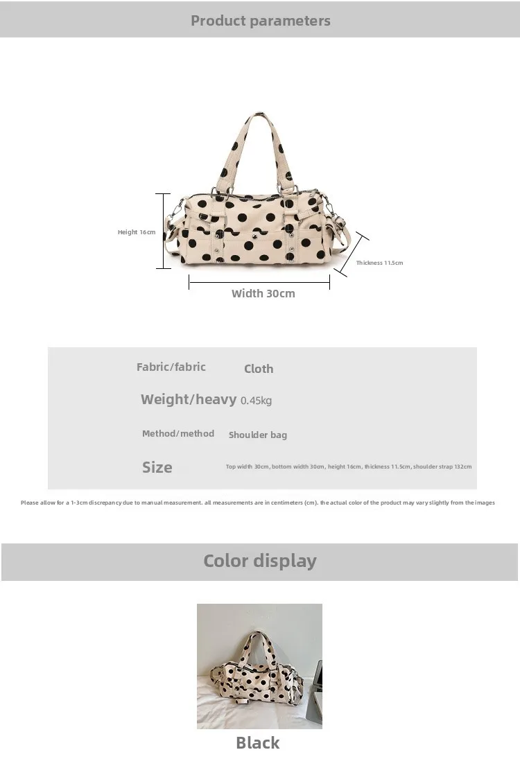 Women’s Canvas Square Handbag with Polka Dots Pattern and Sewing Thread Detail, Featuring Single Shoulder Strap size guide