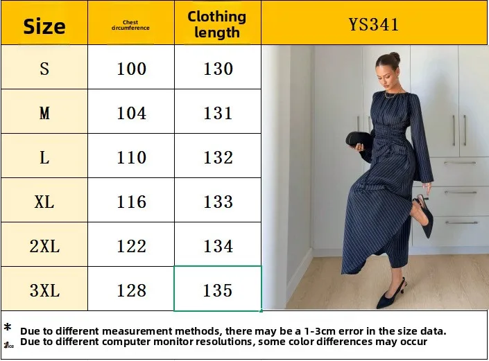 Vintage Style Stripe Maxi Long Dress with Long Sleeve and Round Neck in Polyester for Business size guide