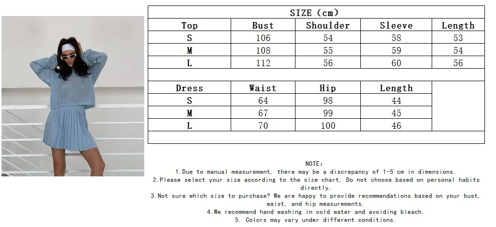 Solid Color Casual Long Sleeve Polyester Skirt Co-ord Set Featuring Hollow Out Design, 2 Pieces Set size guide