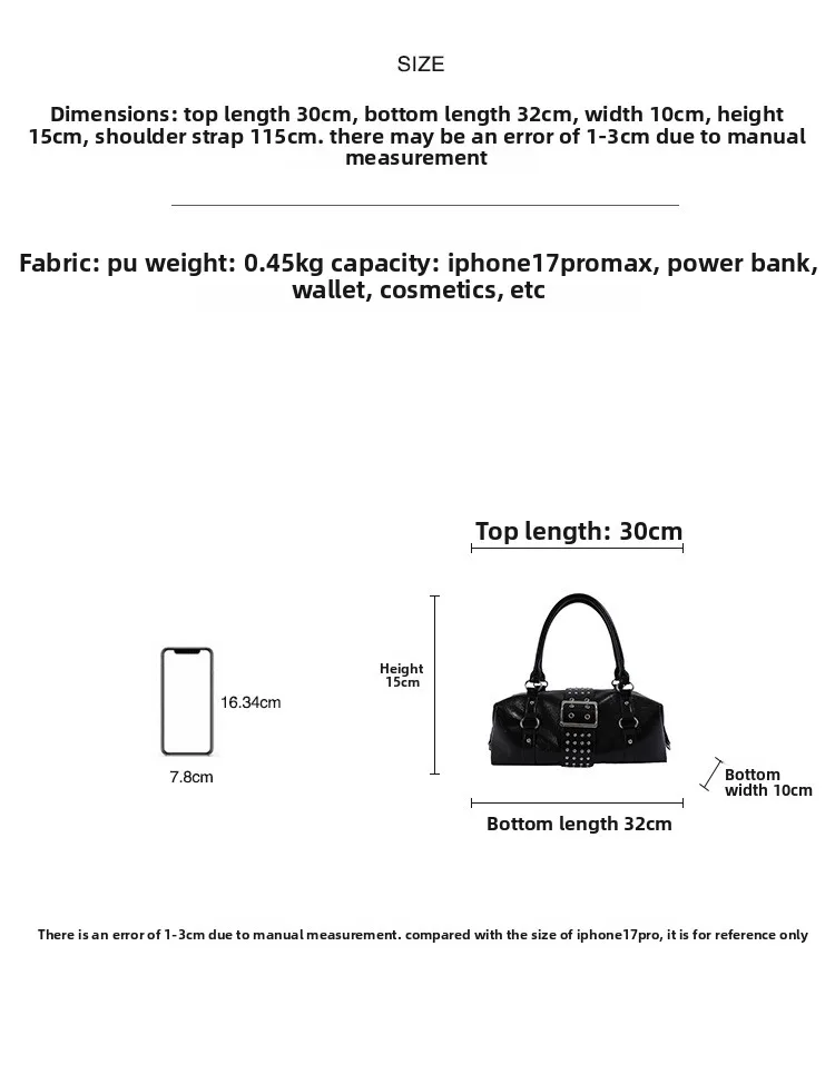 Women’s PU Leather Crossbody Bag in Pillow Shape with Rivet Detail, Single Shoulder Strap, Perfect for Summer size guide