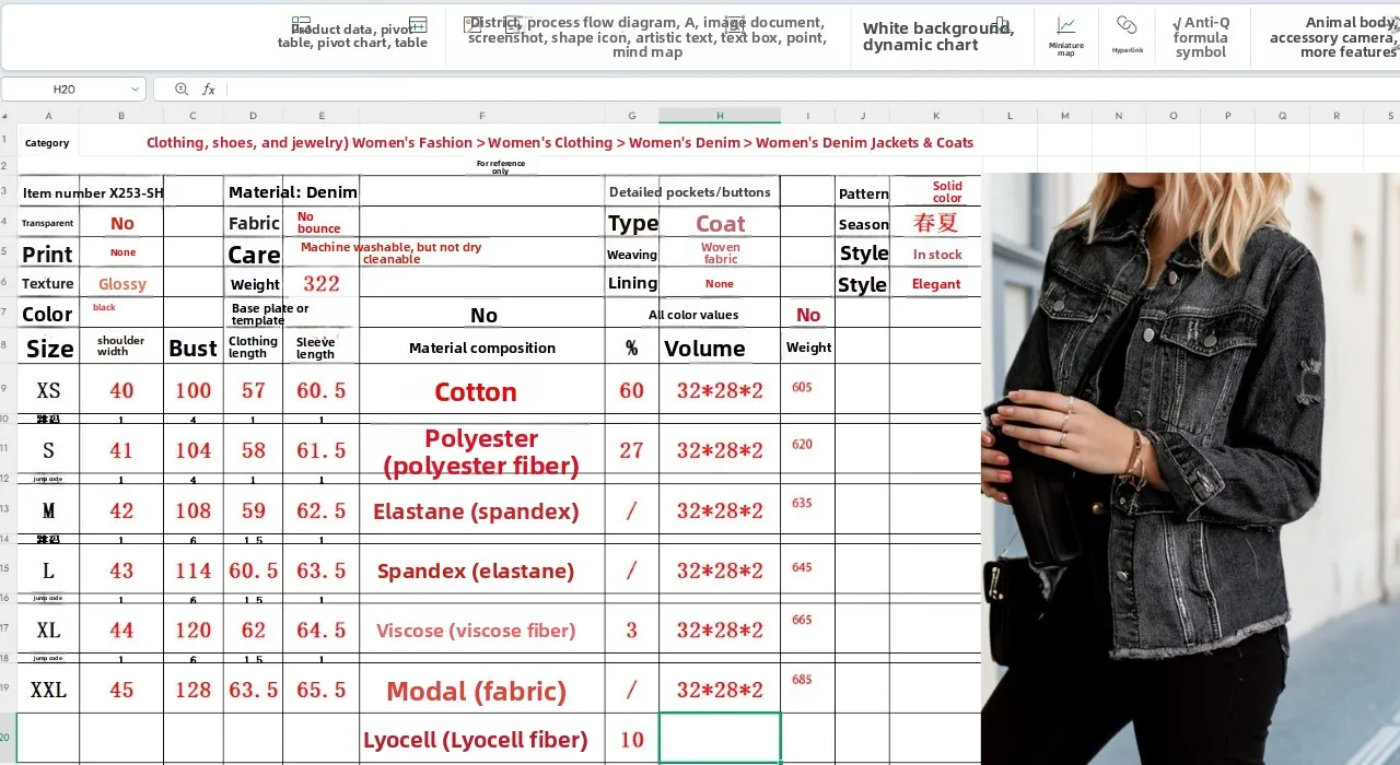 Women's Denim Coat with Lapel Collar in Vintage Style Featuring Ripped Denim Fabric and Long Regular Sleeves size guide