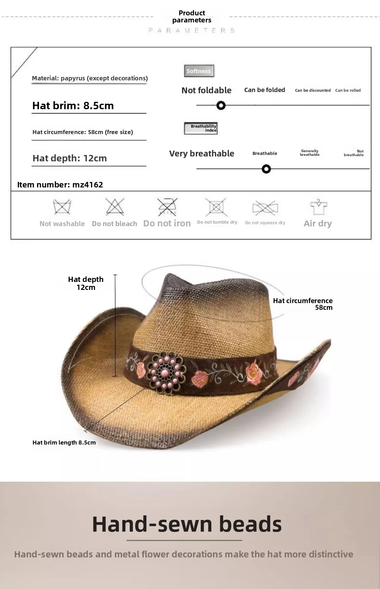 Ethnic Style Straw Hat with Wide Brim for UV Protection, Brown Color, Featuring Braid Craftsmanship size guide