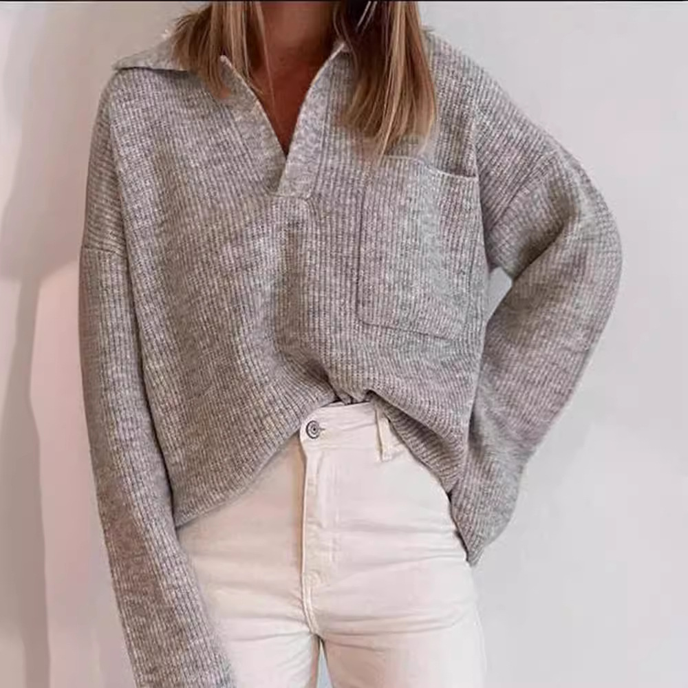 Casual Loose Solid Color Pocket Sweater