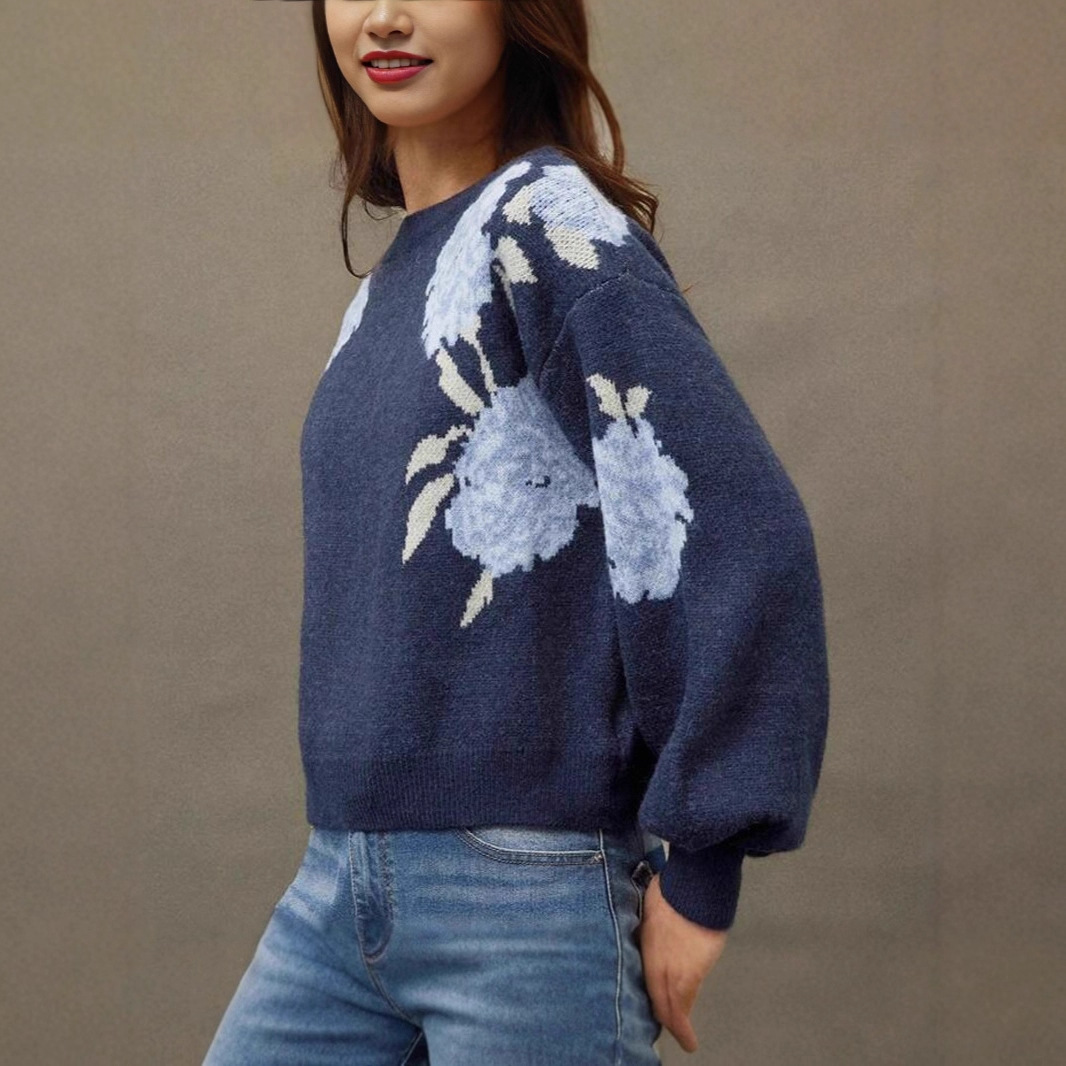 New Off-Shoulder Floral Jacquard Pullover Sweater