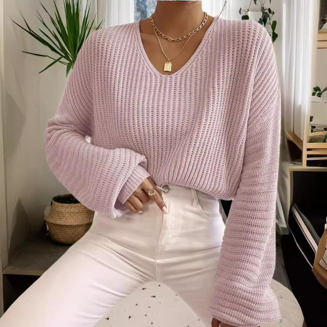 Acrylic Sweater Featuring Solid Color