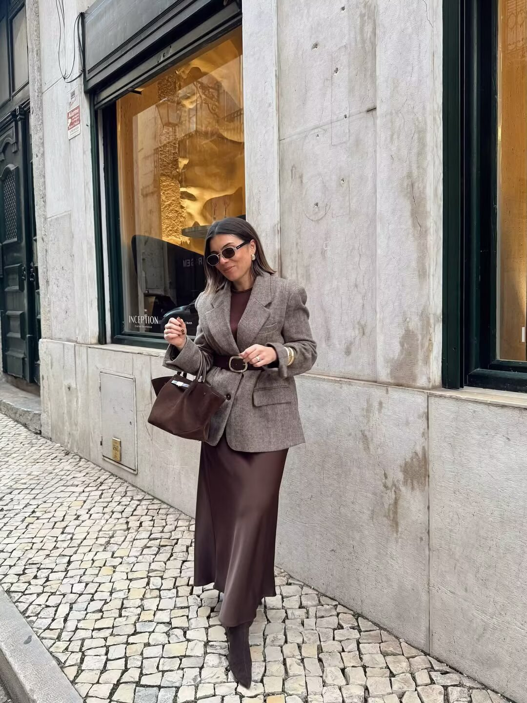 Vintage French Plaid Blazer With Belt Long Sleeve Polyester Jacket