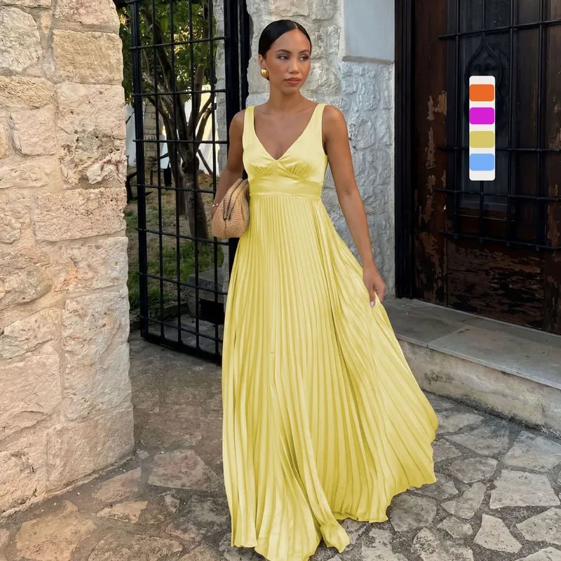 Solid Color Sleeveless V Neck Strap Dress