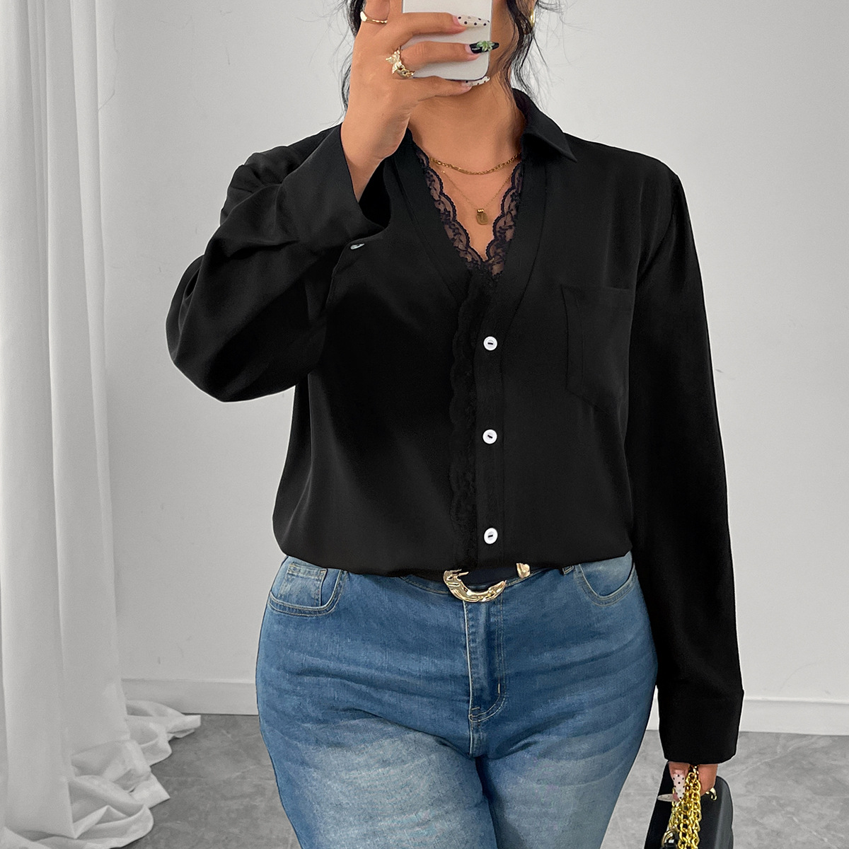 Long Sleeve Chiffon Blouse With Lace Craft