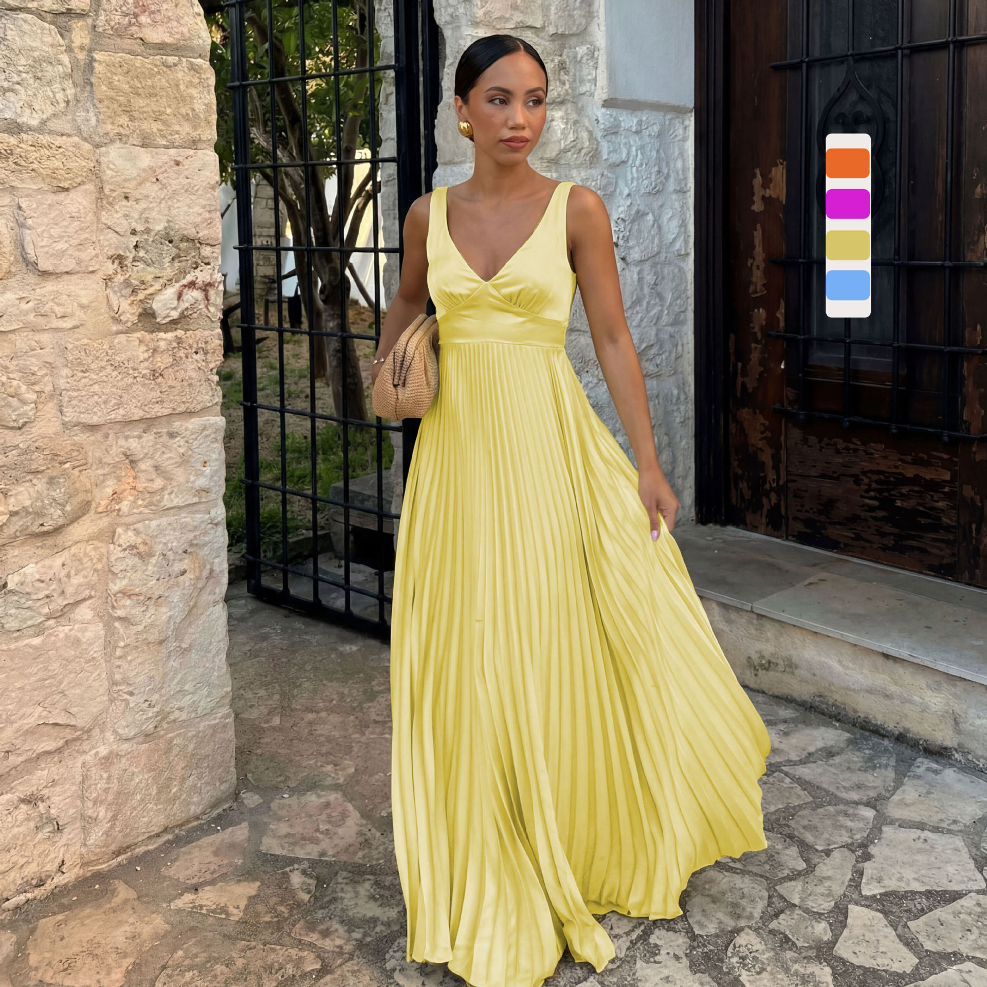 Solid Color Sleeveless V Neck Strap Dress In Polyester For Banquet, Maxi Long Dress