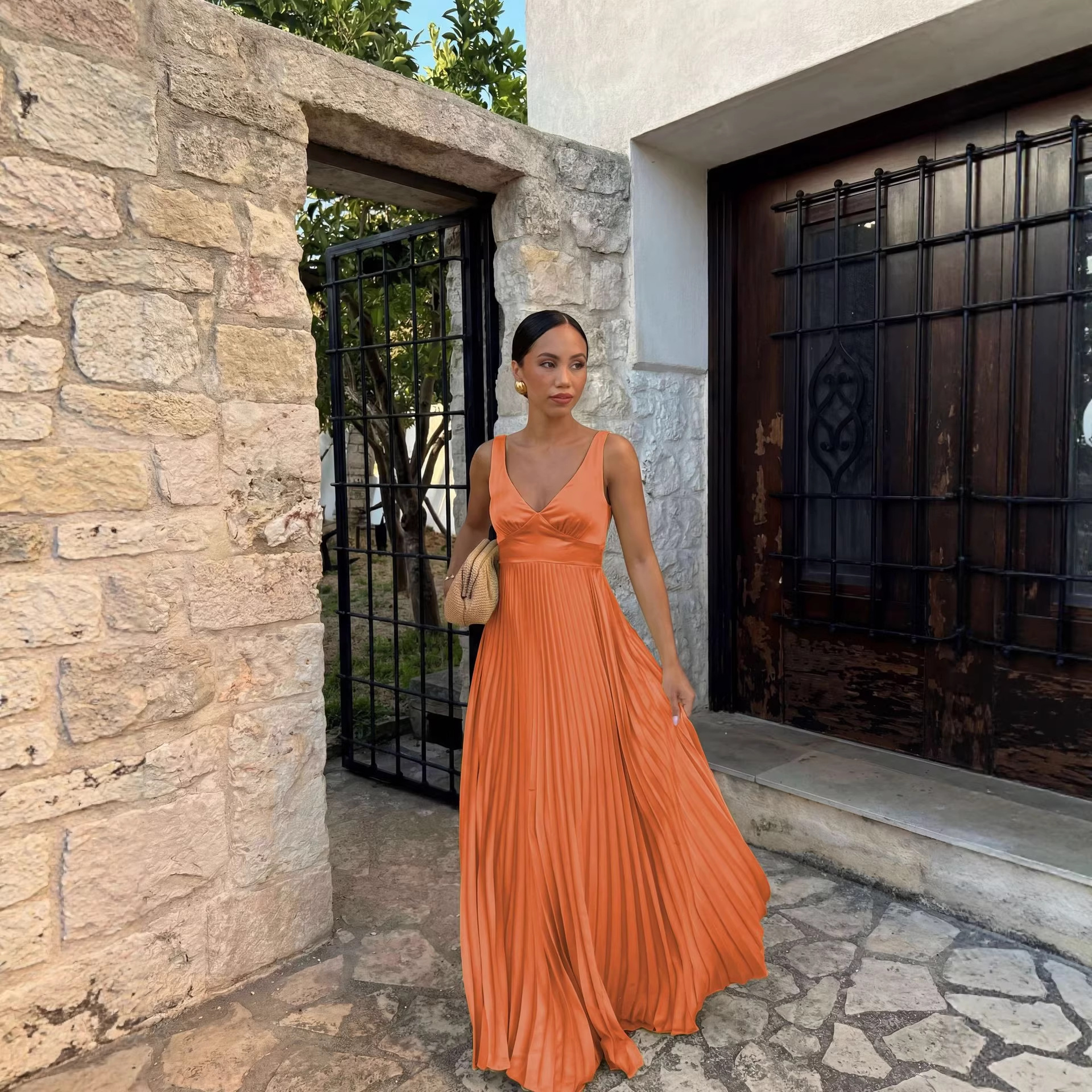 Solid Color Sleeveless V Neck Strap Dress In Polyester For Banquet, Maxi Long Dress