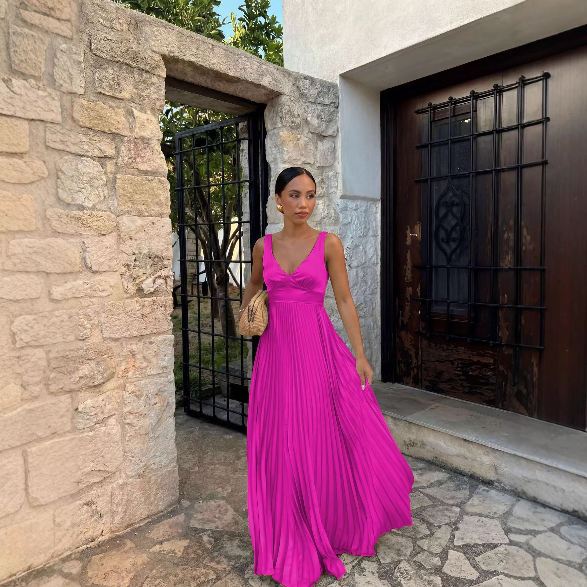 Solid Color Sleeveless V Neck Strap Dress In Polyester For Banquet, Maxi Long Dress