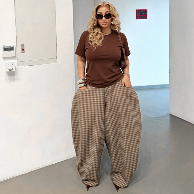 Retro Plaid Wide Leg Pants In Full Length For Casual Wea r