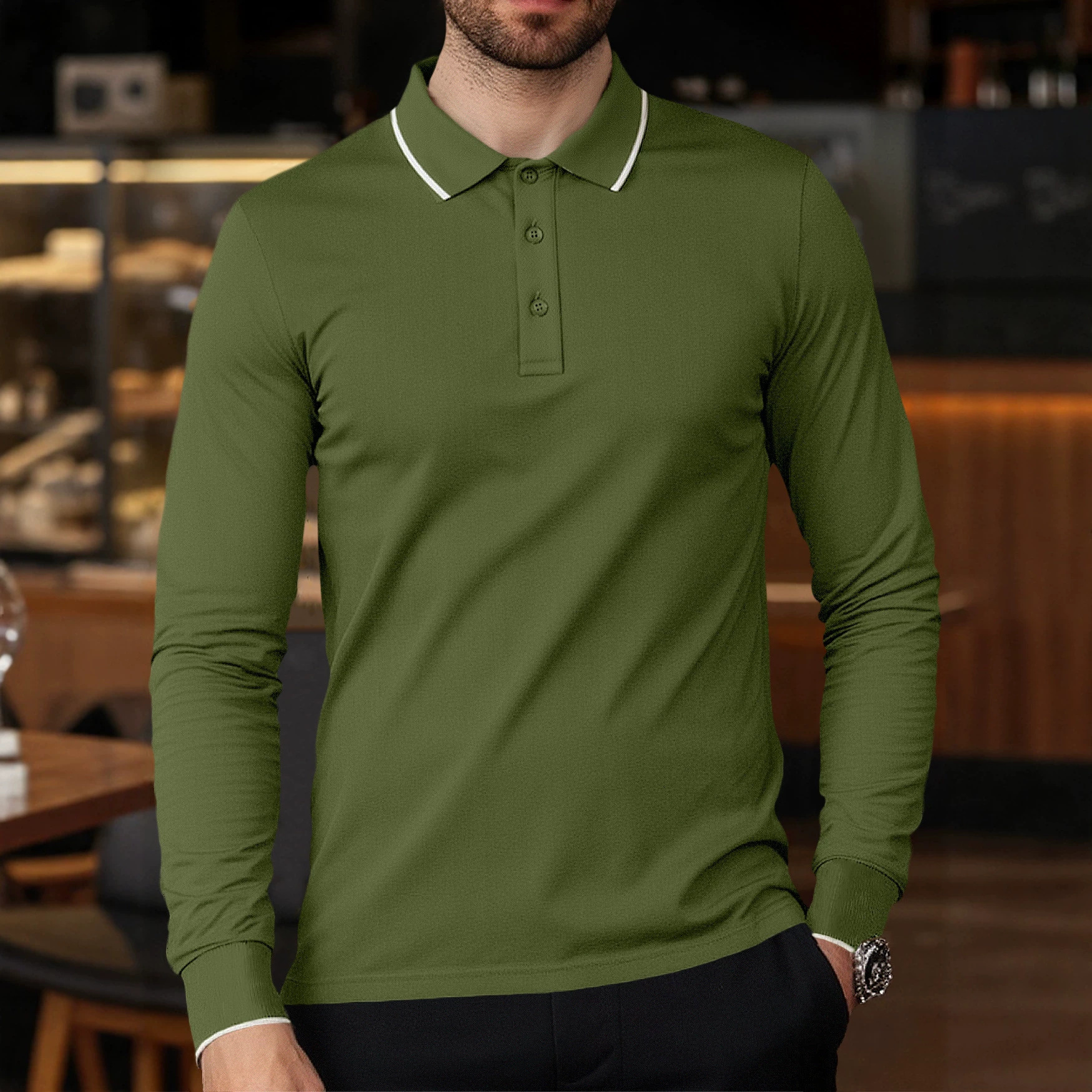 Solid Color Casual Long Sleeve For Men In Polyester Fabric