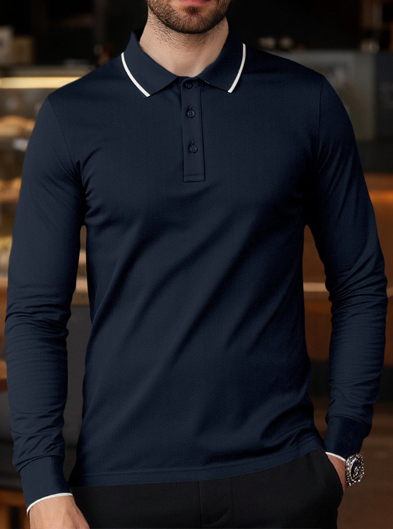 Solid Color Casual Long Sleeve For Men In Polyester Fabric