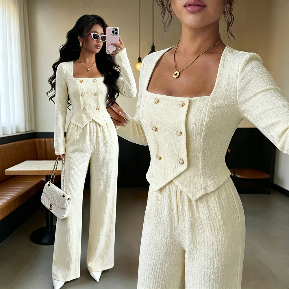 Polyester Pant Co-ord Set With Rib-Knit Craft And Double Breasted Design