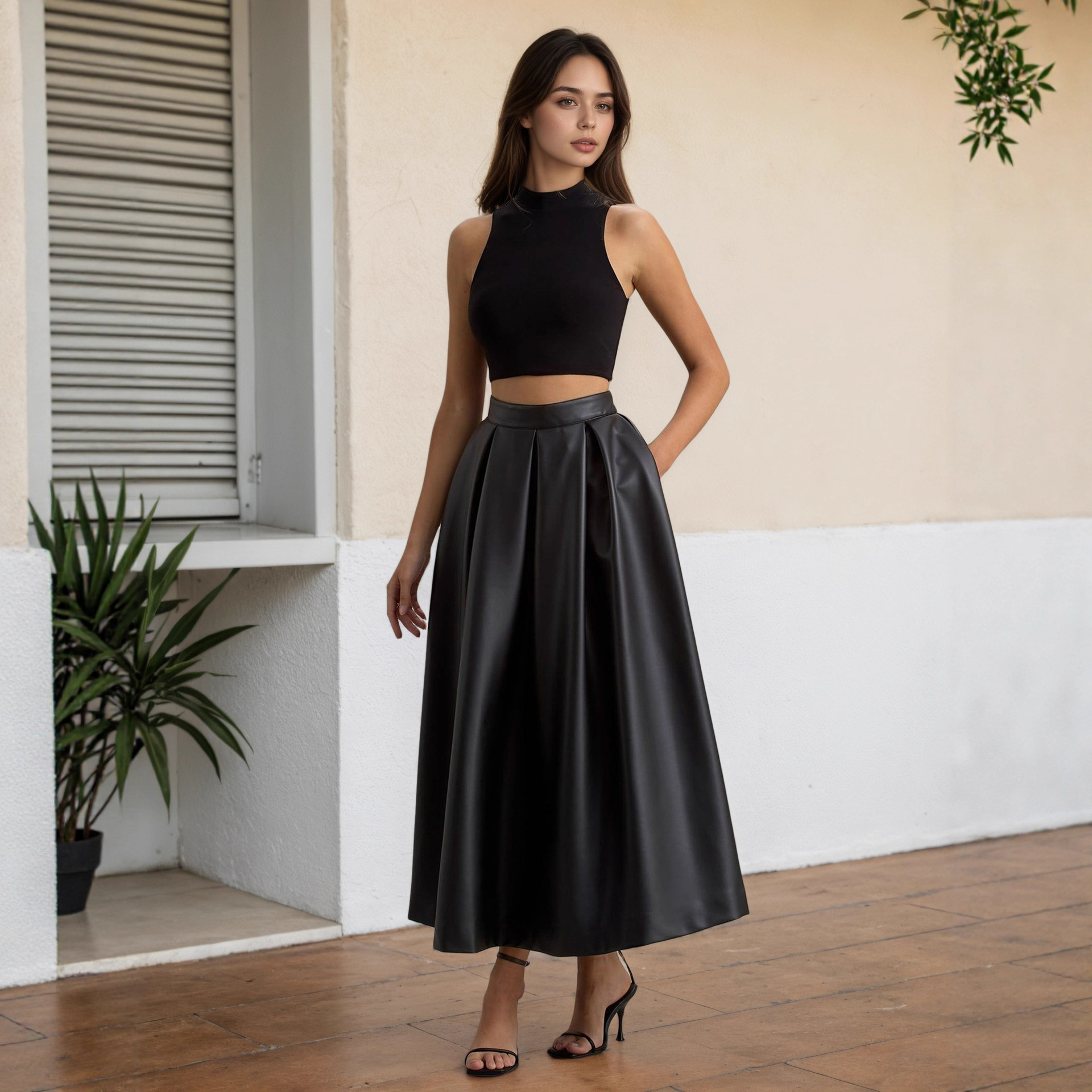 PU A-Line Skirt With High Waist