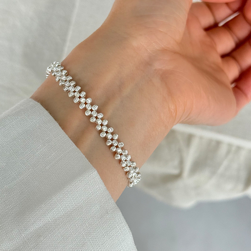 Silver Beaded Ball Bracelet With Cat's Eye Stone Inlay
