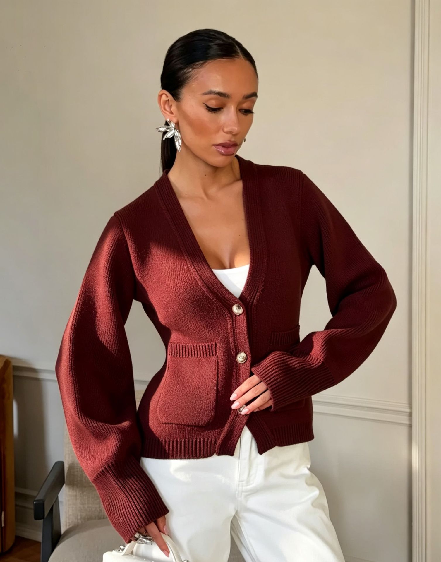 Casual Long Sleeve Knitted Fabric Sweater