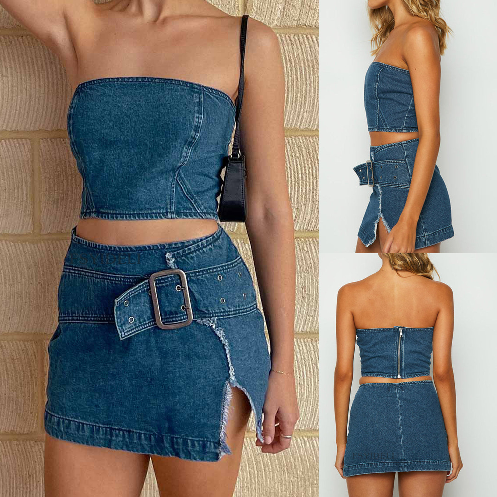 Denim Bandeau Skirt Co-ord Set