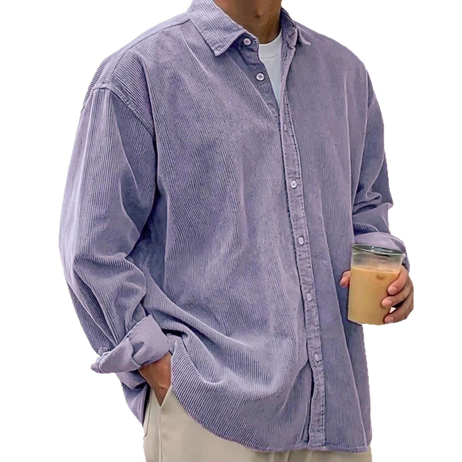 Long Sleeve Men's Shirt In Polyester Fabric With Button Placket