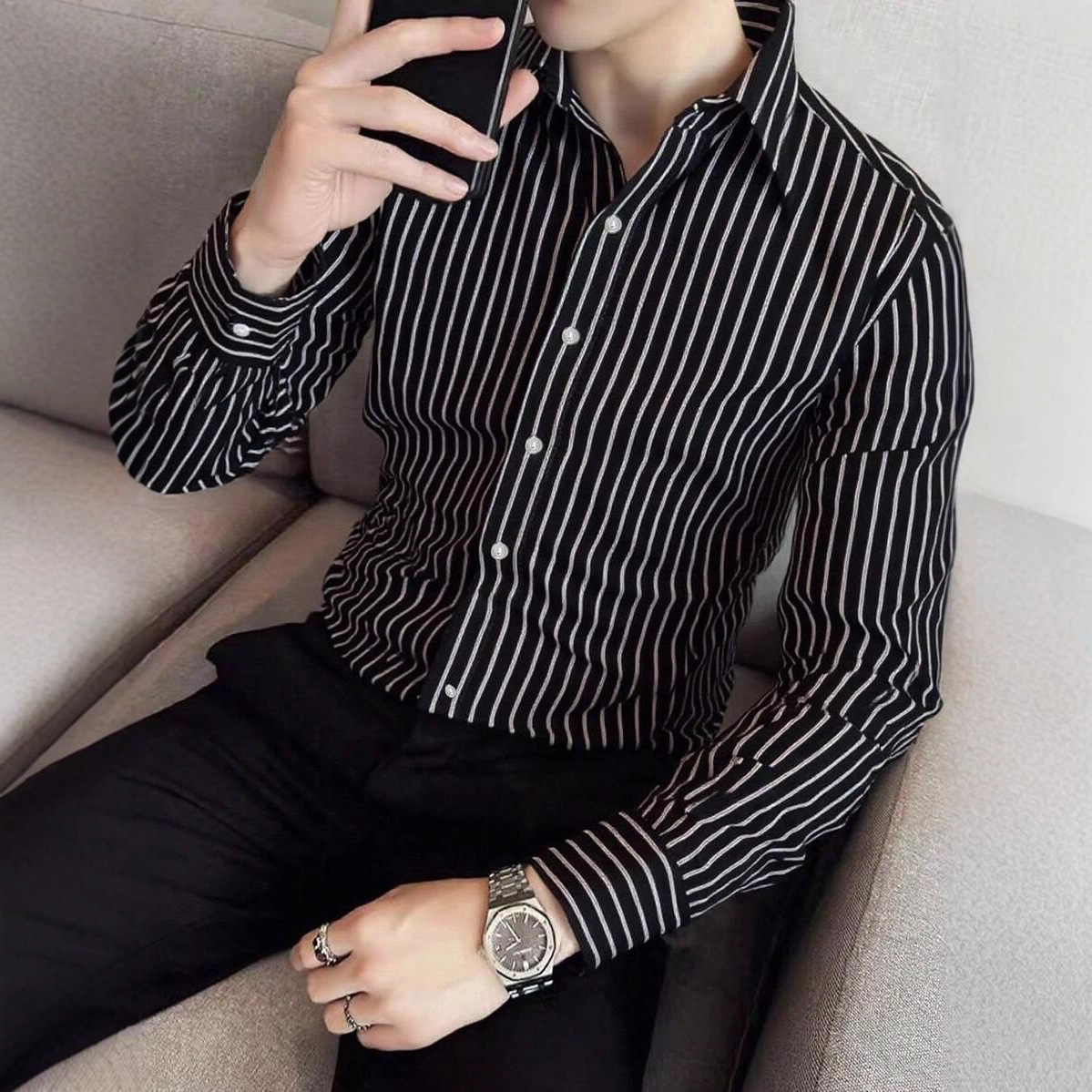 Stripe Casual Long Sleeve Men's Shirt With Printing