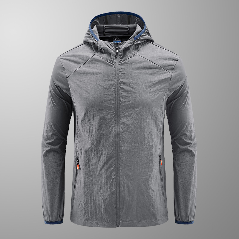 Men's Light Grey Hooded Printing Zipper Sun Protection Jacket For Summer