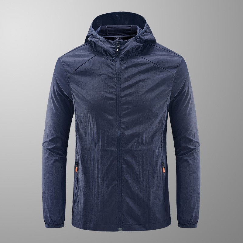 Men's Light Grey Hooded Printing Zipper Sun Protection Jacket For Summer