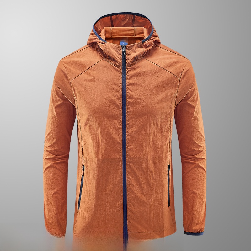 Men's Light Grey Hooded Printing Zipper Sun Protection Jacket For Summer