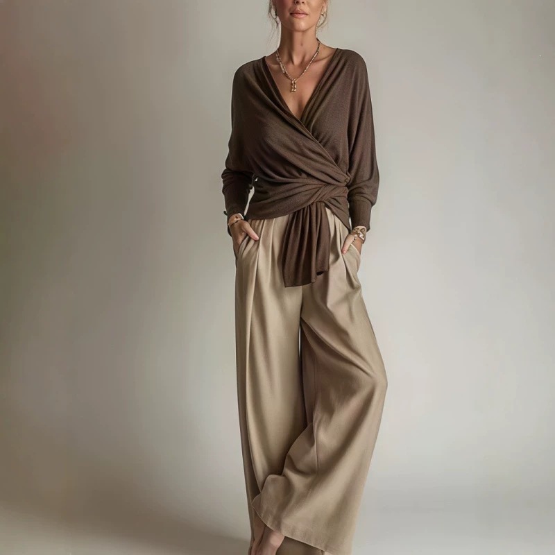 Vintage Style Solid Color Pant Co-ord Set With Rib-Knit Fabric