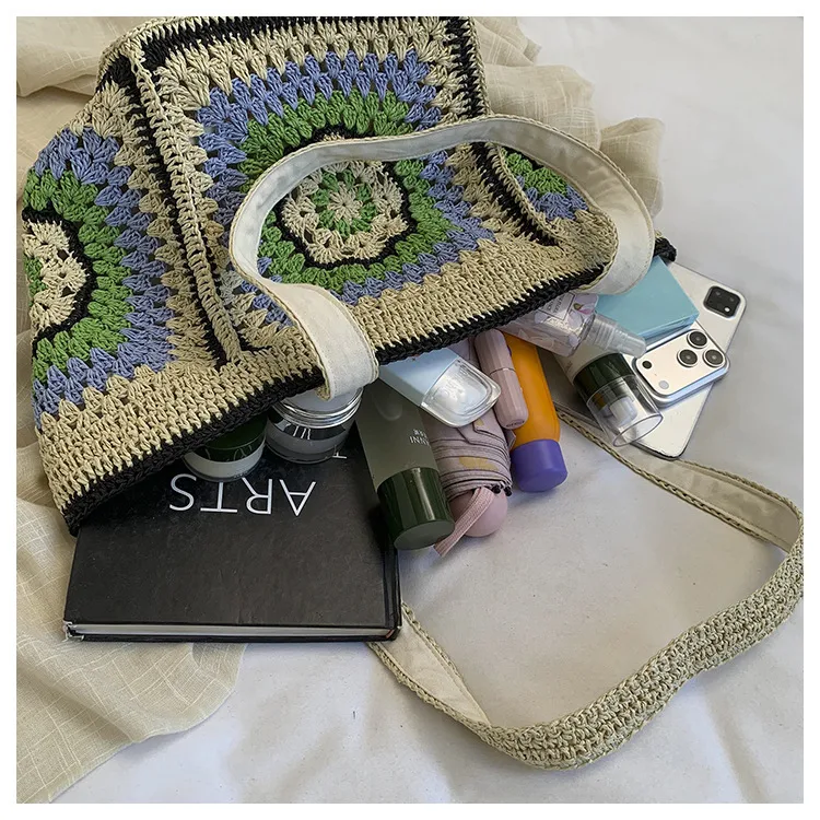 Color Block Square Straw Bag with Braid Detail, Single Shoulder Strap, Perfect for Summer
