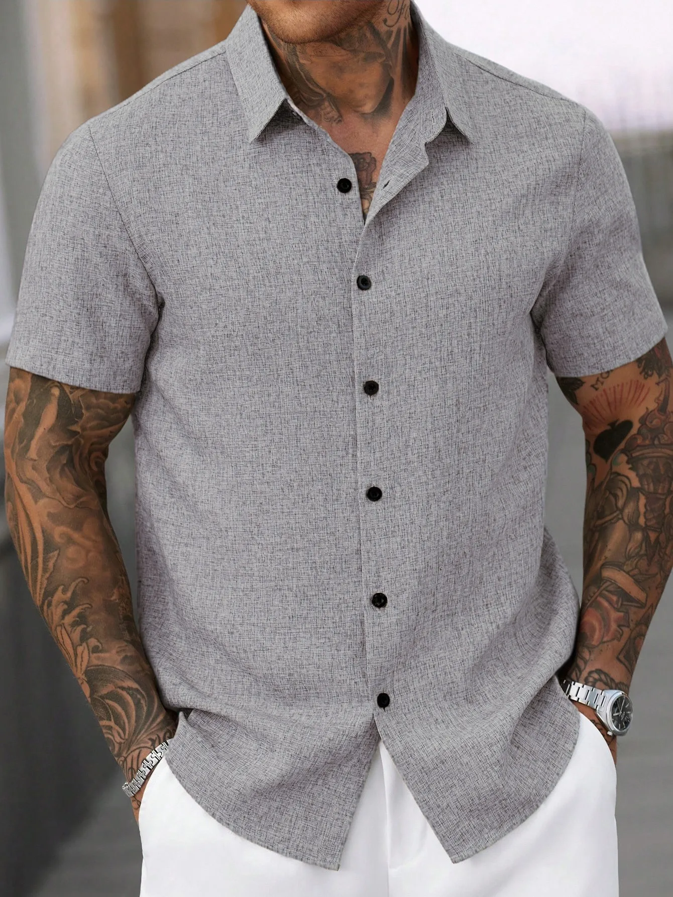Solid Color Business Short Sleeve Men's Shirt in Polyester Fabric with Lapel Collar and Placket
