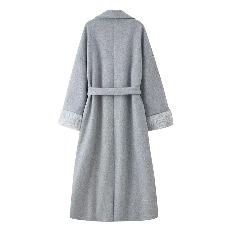 Elegant Woolen Coat for Women with Tie Placket, Polyester Fabric, Lapel Collar, Long Sleeve, and Pocket Detail