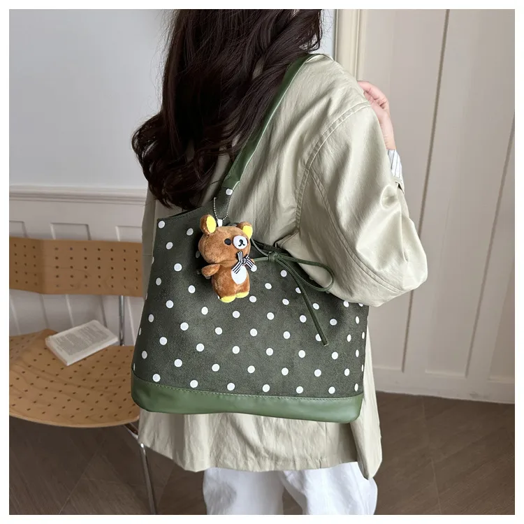 Women’s Suede Polka Dots Tote Bag with Sewing Thread Detail, Single Shoulder Strap, Perfect for Autumn