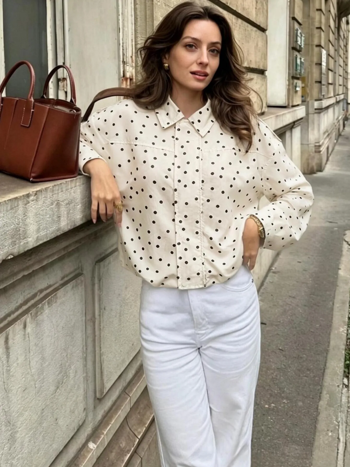 Streetwear Polka Dots Casual Jacket for Women with Zipper Placket in Polyester Fabric Featuring Lapel Collar