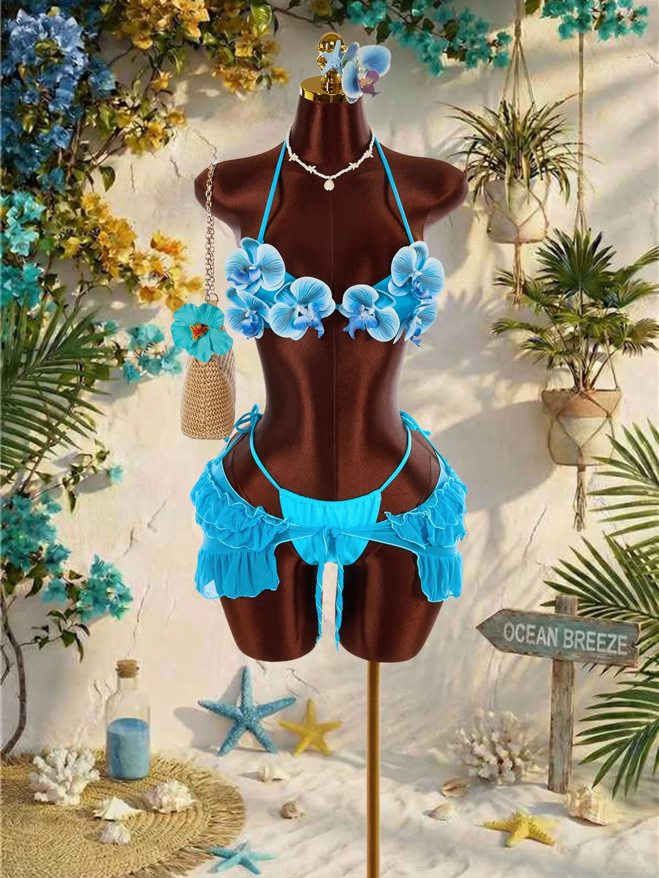 Women's Flowers Three-Piece Swimwear Set Featuring Natural Pink Tie Closure Split Swimsuit with Printed Polyester Fabric