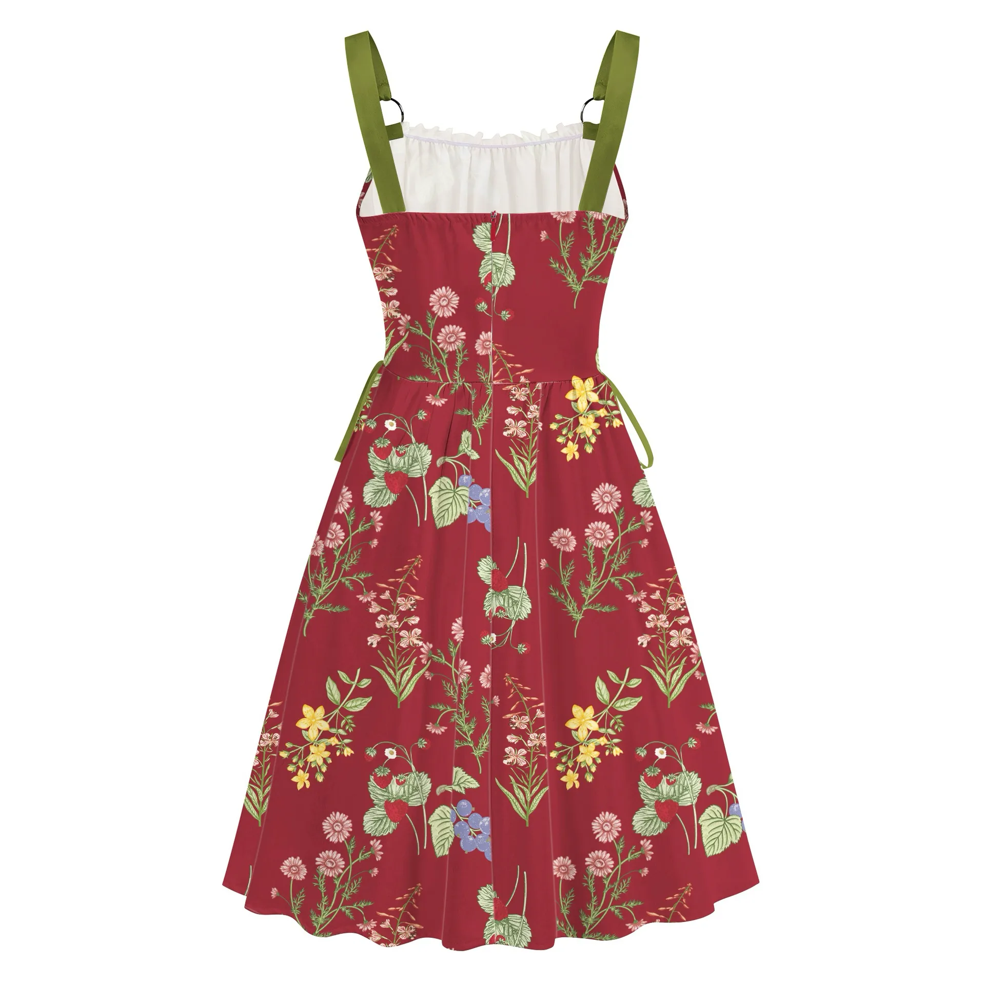 Ditsy Floral Vintage Style Sleeveless Swing Dress with Strap Neckline in Polyester Midi Dress