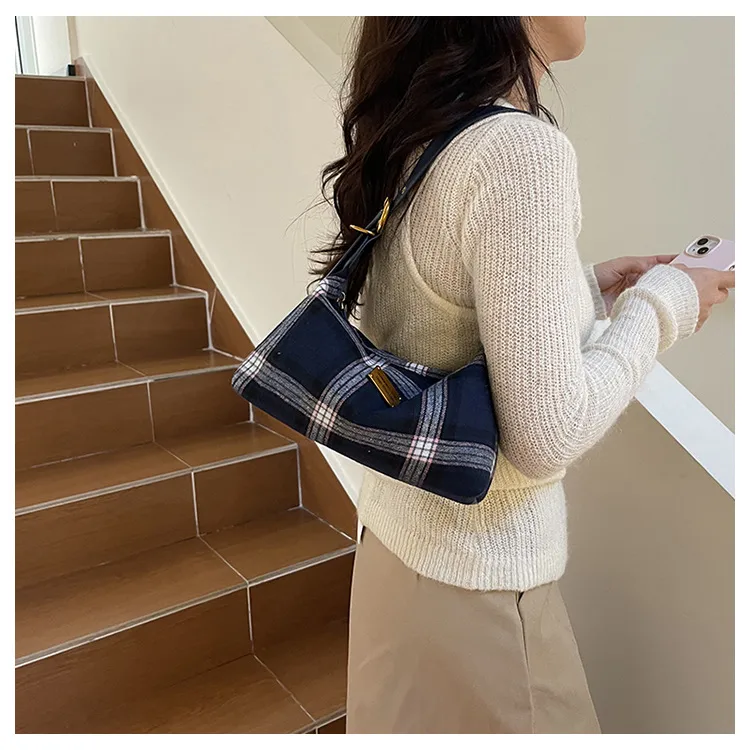 Women’s Polyester Underarm Bag featuring Lattice Pattern and Sewing Thread Design, Bucket Shape for Autumn