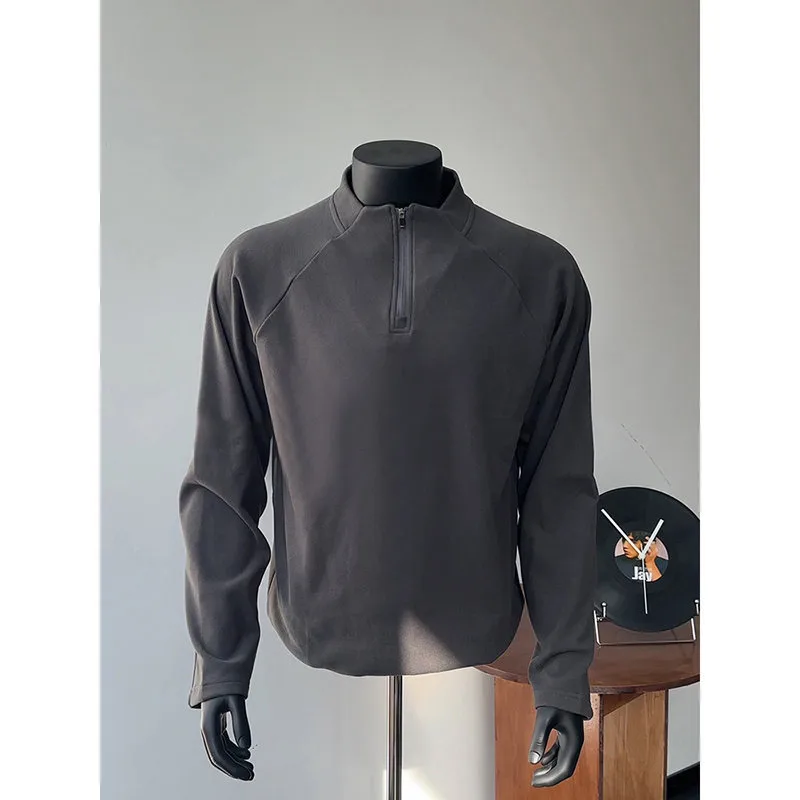 Loose Fit Solid Color Long Sleeve Pleated Cotton Blend T-Shirt for Men