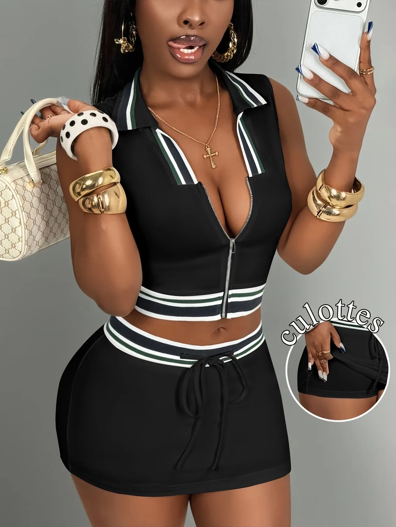 Casual Solid Color Skirt Co-ord Set in Polyester Featuring Rib-Knit Craftsmanship with Tie Closure and Shirt Collar