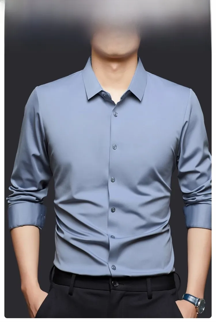 Solid Color Business Long Sleeve Blouse for Men in 4-Way Stretch Fabric, Summer Shirt