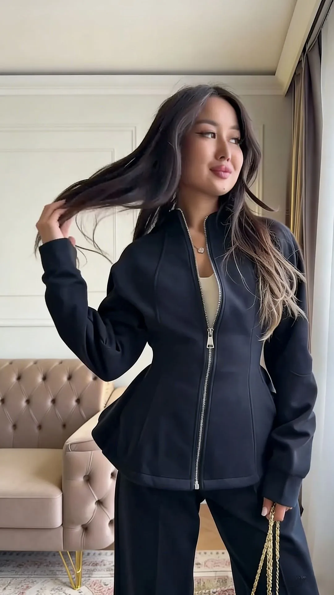 Color Block Street Pant Co-ord Set in Polyester Featuring Zipper Craftsmanship with Long Sleeve and Full Length Pants