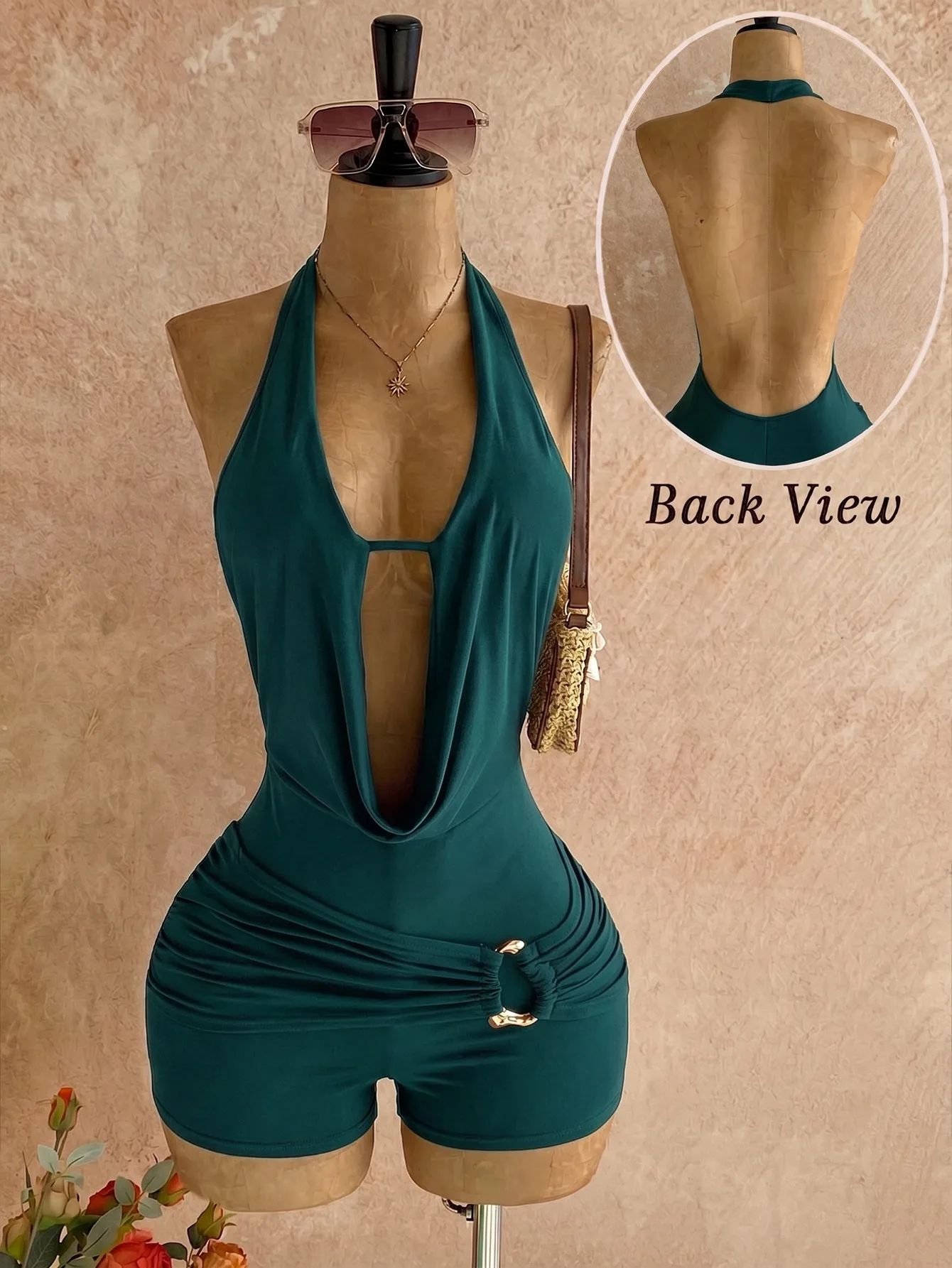 Sexy Party Rompers Shorts for Women in Polyester Fabric Featuring a Stylish V-Opening and Stretchy Fit