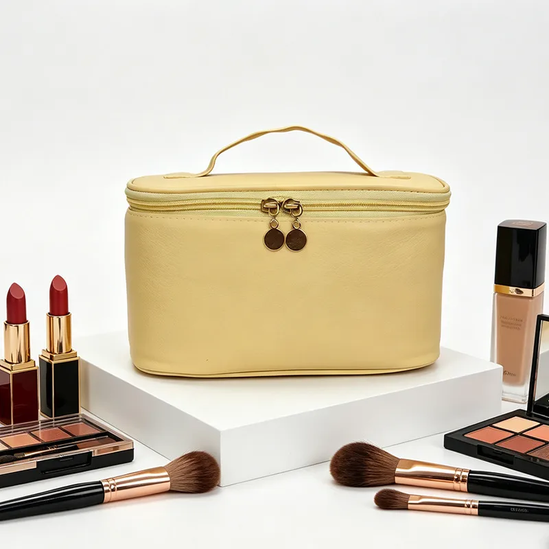 Unisex Solid Color PU Leather Cosmetic Bag with Top Handle, Water Resistant Design