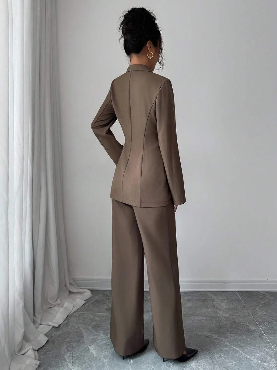 Elegant Wide Leg Pants Co-ord Set in Solid Color Polyester Featuring Patchwork, Casual 2 Pieces Set
