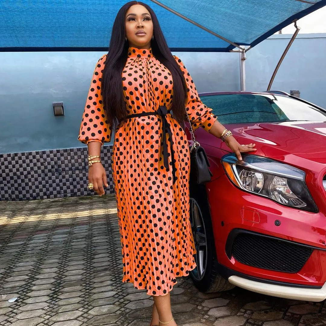 Round Dots Polka Dot Dress with Standing Collar and Long Sleeves in Knitted Fabric Maxi Long Dress for Daily Wear