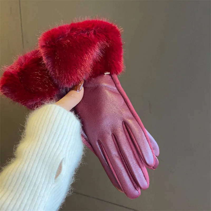 Luxury Suede Winter Gloves with Fox Fur and Fleece Lining for Unisex Cold Weather Cycling