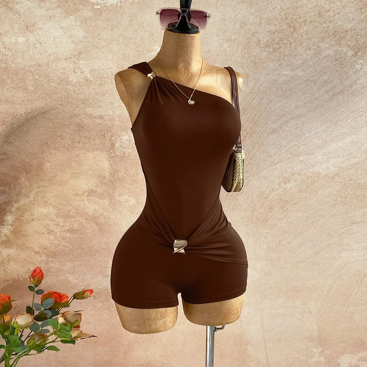 Sexy Solid Color Rompers Shorts for Party in Polyester Fabric with Knitted Craft for Women