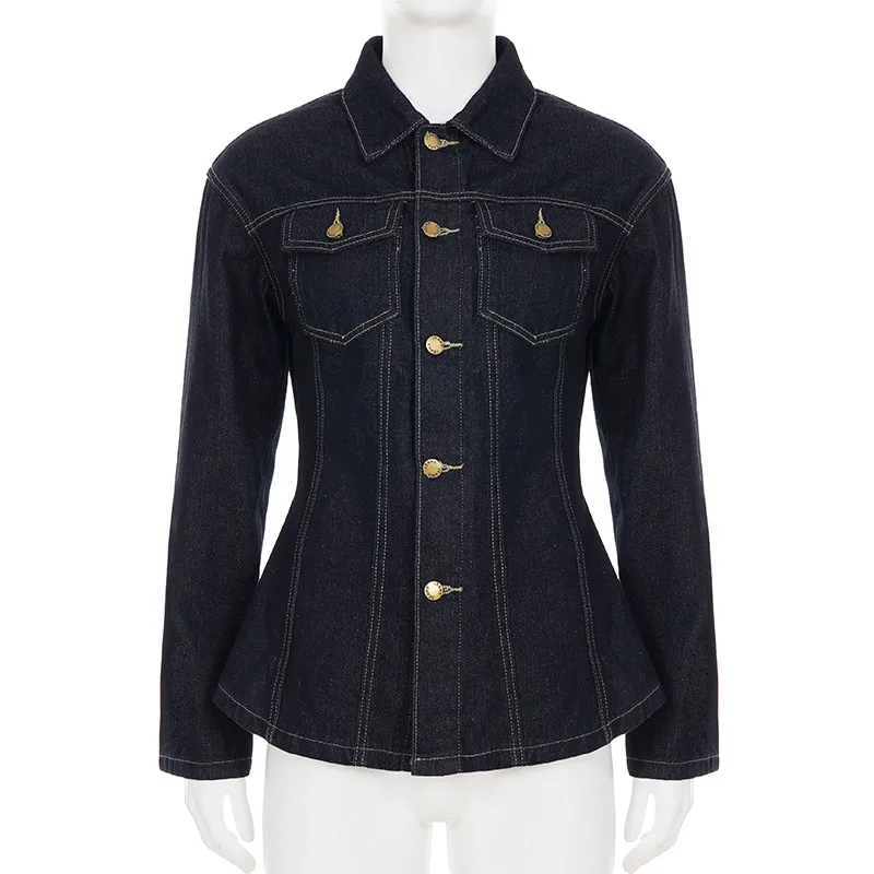 Casual Women's Denim Jacket with Belt in Denim Fabric Featuring Standing Collar and Long Sleeves