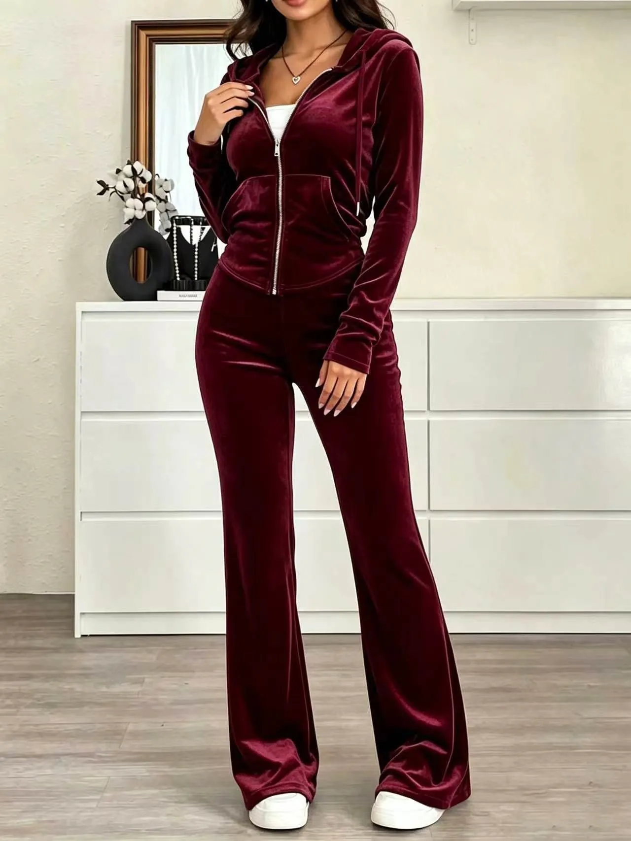 Casual Velvet Flared Pants and Hooded Sweatshirt Co-ord Set with Rib-Knit Craftsmanship, Zipper Closure, 2 Pieces Set
