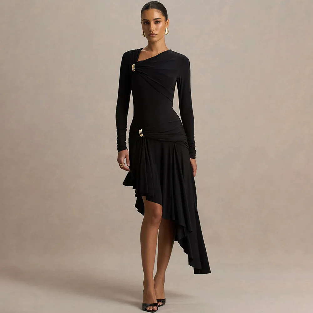 Solid Color Long Sleeve V Neck Party Dress in Polyester, Casual Streetwear Style